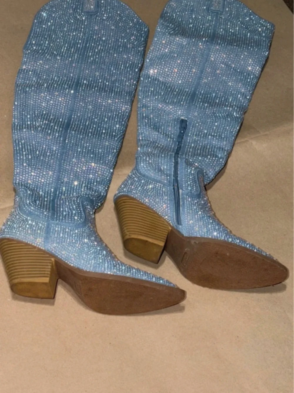Blue Embellished Knee-High Western Boots